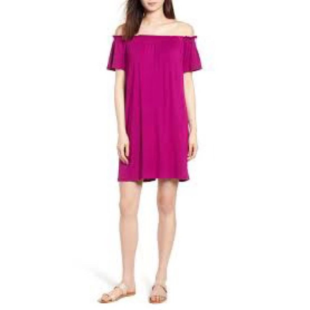 Bobeau Off The Shoulder Knit Magenta Dress…